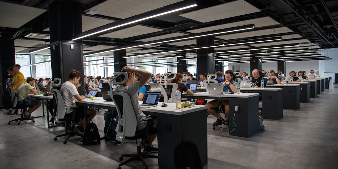 Many employees sitting at their desks and working